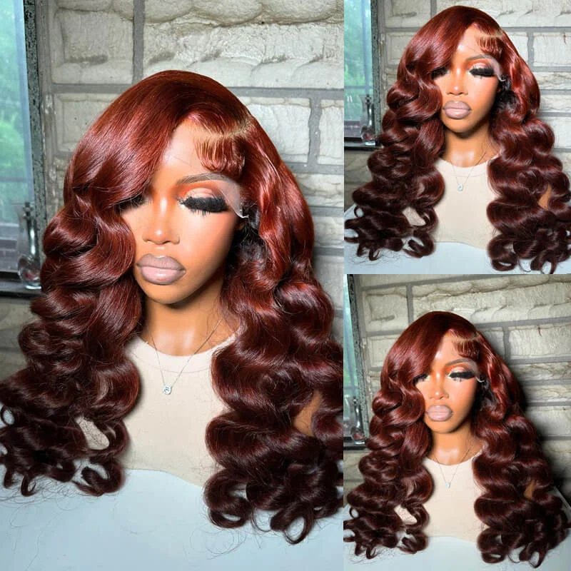 Glueless wig with a wispy fringe for a soft and feminine lookeullair Ombre Light Cooper Red Brown Pre Colored Wig Loose Wave Human Hair Glueless Lace Frontal Wig