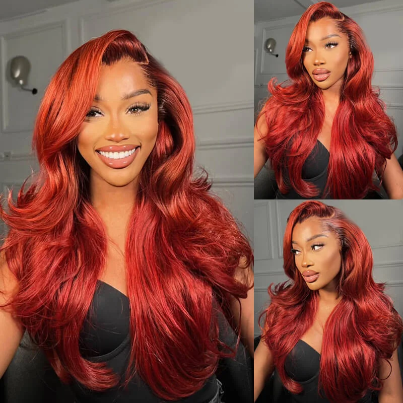 Glueless wig with a platinum - blonde color for a bold and trendy lookeullair New Jessica Rabbit Cooper Red Color Body Wave Human Hair Lace Frontal Wig with Layered Haircut Wavy and Dark Roots