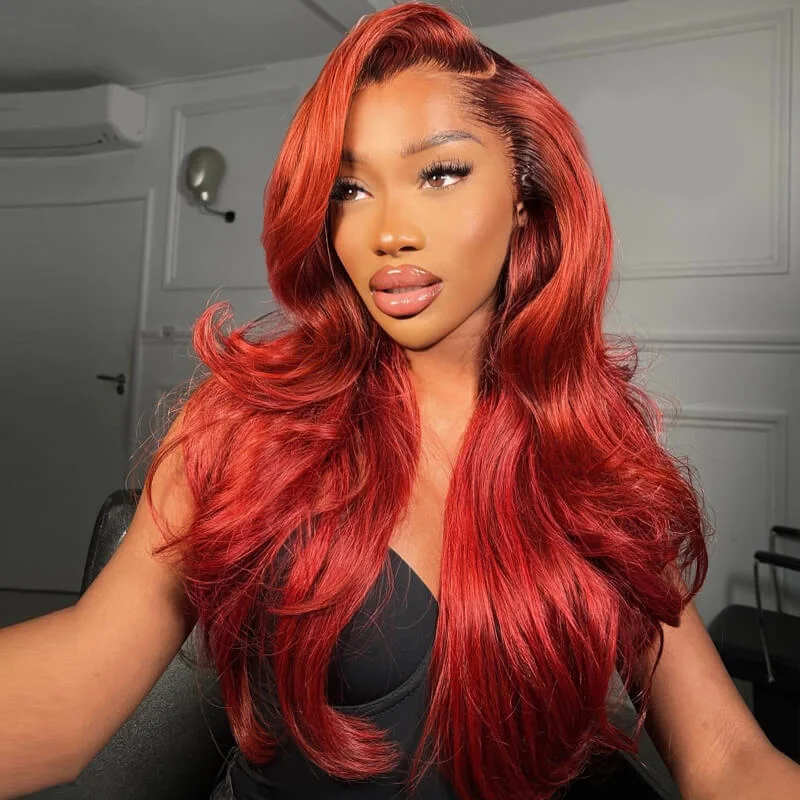 Cooper Red Layered Cut Body Wave with Dark Roots