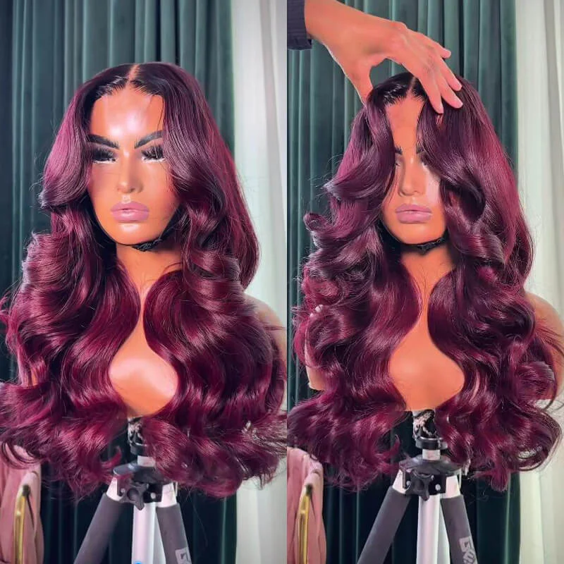 Glueless wig with a side - swept bang for a sophisticated lookeullair Ombre 1b Roots Dark Burgundy Body Wave Curtain Bangs Wig Glueless Human Hair Lace Frontal Wig