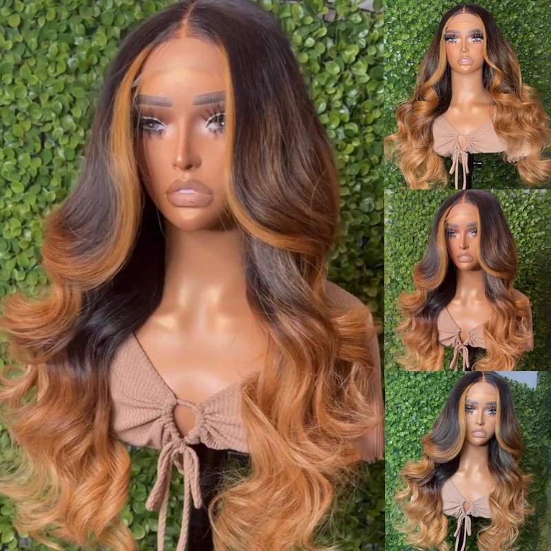 Glueless wig with a side - part for a more flattering lookeullair Ombre Brown Highlight Body Wave Curtain Bangs Glueless Human Hair Lace Frontal Wig For Women