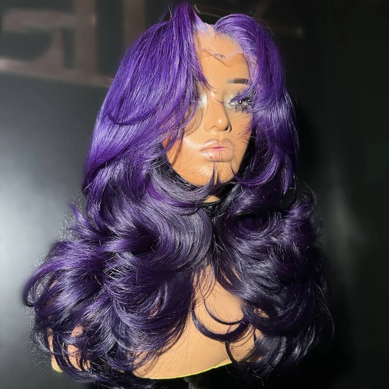 Ombre Purple Black Body Wave Layered Curtain Bangs