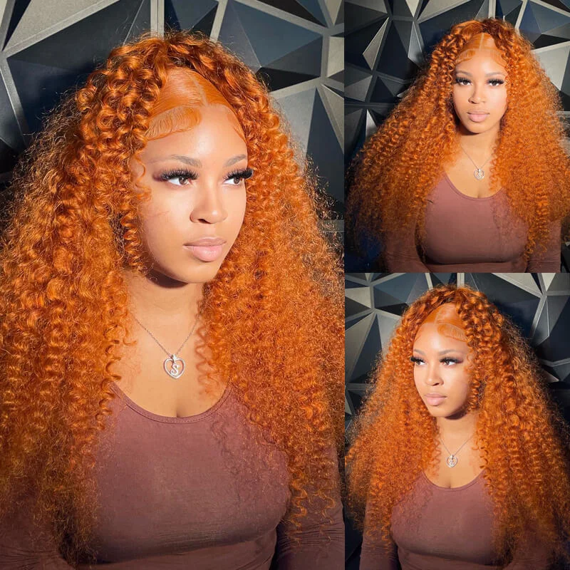 Glueless wig with a curly texture for a bold and stylish choiceeullair Orange Ginger Kinky Curly Lace Frontal Wig Affordable Glueless Human Hair Wig For Black Women