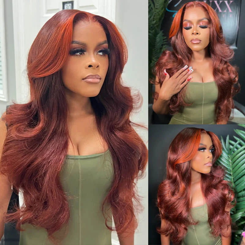 Glueless wig with a 4x4 lace closure for a secure fiteullair Reddish Brown with Orange Ginger Highlights Layered Body Wave Wig Skunk Stripe Lace Frontal Wig