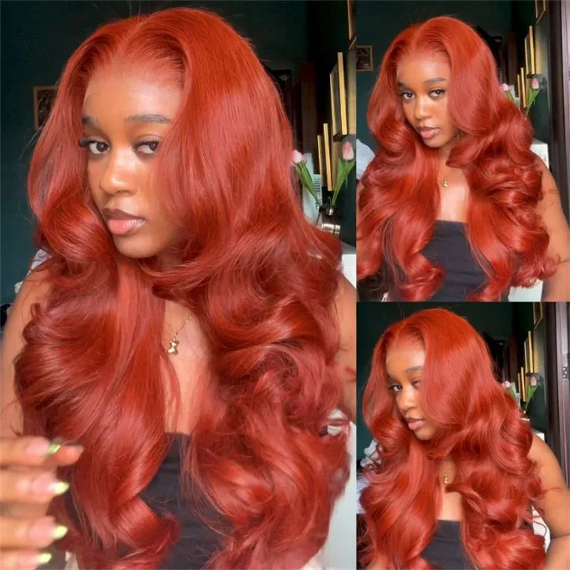 Glueless wig with a wavy texture for a beachy lookeullair Reddish Cooper Orange Body Wave Wig Glueless Flame Colored Human Hair Lace Frontal Wig