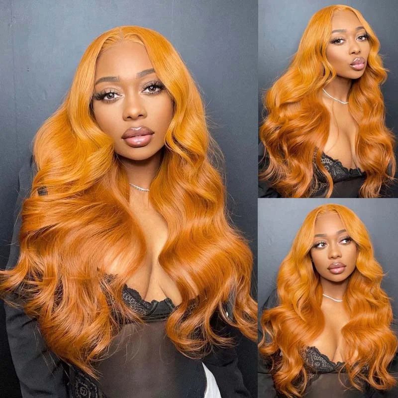 Adjustable - cap glueless wig for a comfortable fiteullair Tangerine Orange Layered Cut Body Wave Wavy Wig with Curtain Bangs Pre Colored Human Hair Glueless Lace Frontal Wig