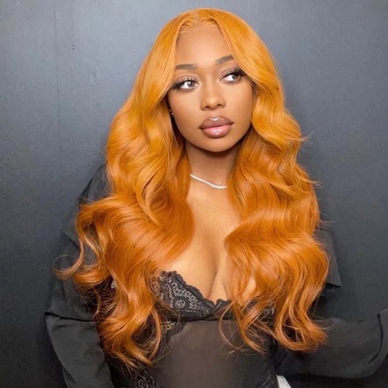 Tangerine Orange Body Wave Layered Curtain Bangs