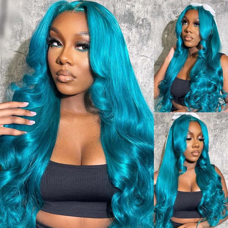 Glueless wig with a wispy fringe for a soft and feminine lookeullair Turquoise Green Layered Cut Body Wave Wavy Wig with Curtain Bangs Pre Colored Glueless Human Hair Lace Frontal Wig