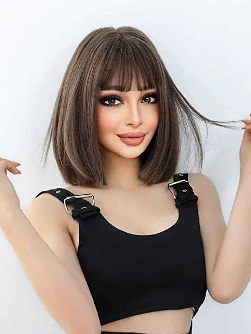 Medium - length wig with a honey - blonde color for a warm and sunny appearanceMedium Brown Bob Wig with Bangs