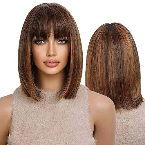 Medium - length wig with a curly fringe for a playful and youthful vibeMixed Brown Bob Wig with Highlights and Bangs