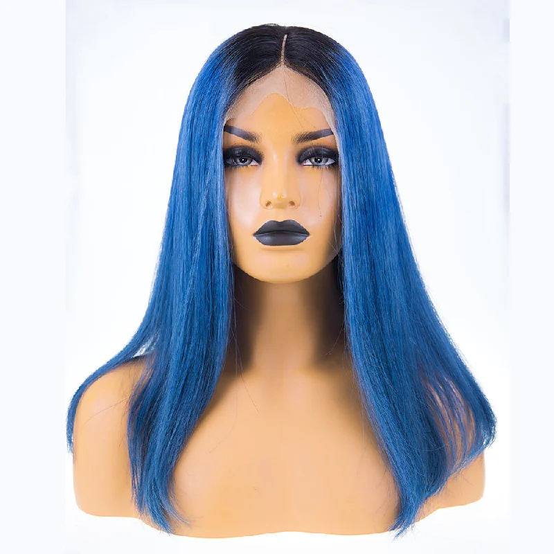 Medium - length wig with a curly fringe for a playful and youthful vibePeruvian Hair Blue With Black Root Color Straight Full Lace Wig