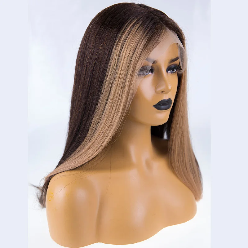 Medium - length wig with a silk - base cap for a comfortable and smooth feelPeruvian Hair Dark Brown With Light Browm Color Straight Full lace Wig