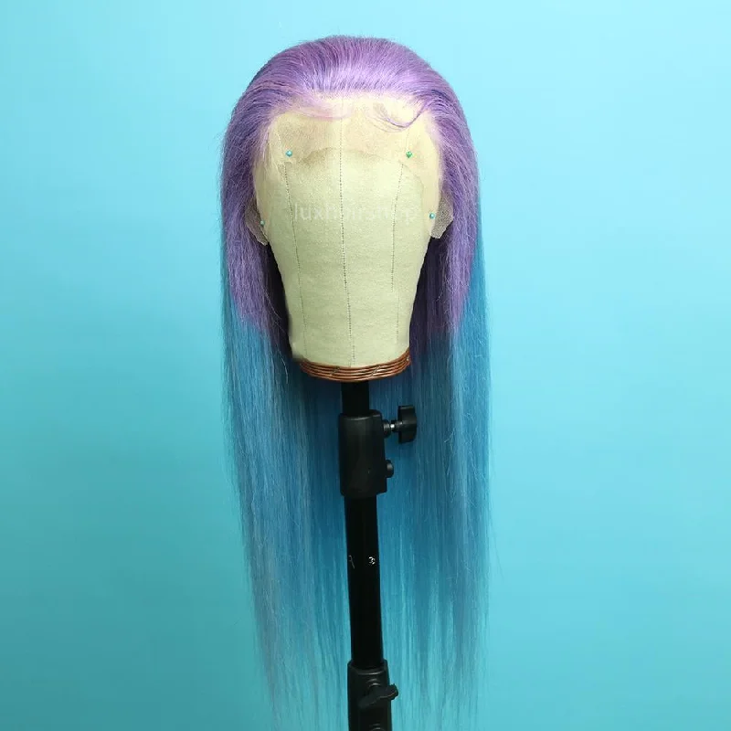 Medium - length wig with a honey - blonde color for a warm and sunny appearancePeruvian Hair Gradient Color Purple And Blue Straight Lace Front Wig