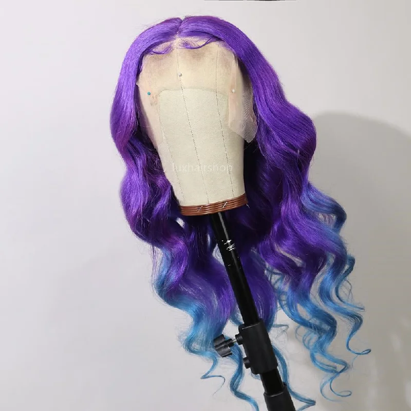 Medium - length wig with a silk - base cap for a comfortable and smooth feelPeruvian Hair Gradient Color Purple With Light Blue Body Wave Lace Front Wig