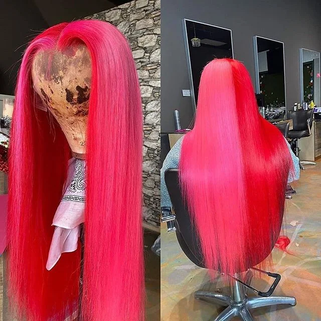 Medium - length wig with a curly texture for a bold and stylish choicePeruvian Hair Half Pink And Half Fuchsia Color Lace Front Wig