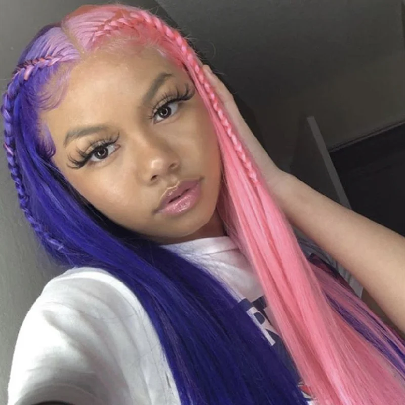 Medium - length wig with a wispy fringe for a soft and feminine lookHalf Purple Half Pink Color Lace Front Wig Fashionable Hairstyle