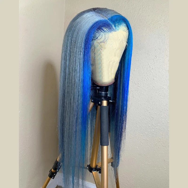 Medium - length wig with a heat - resistant formula for easy styling at homeLight Blue with Dark Blue Highlights Pre Plucked Lace Front Wig