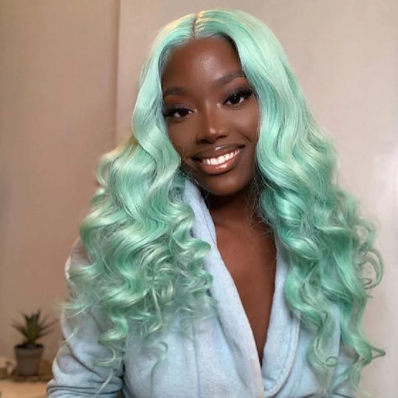 Medium - length wig in a jet - black color for a classic appearancePeruvian Hair Light Green Color Fashion Lace Front Wig