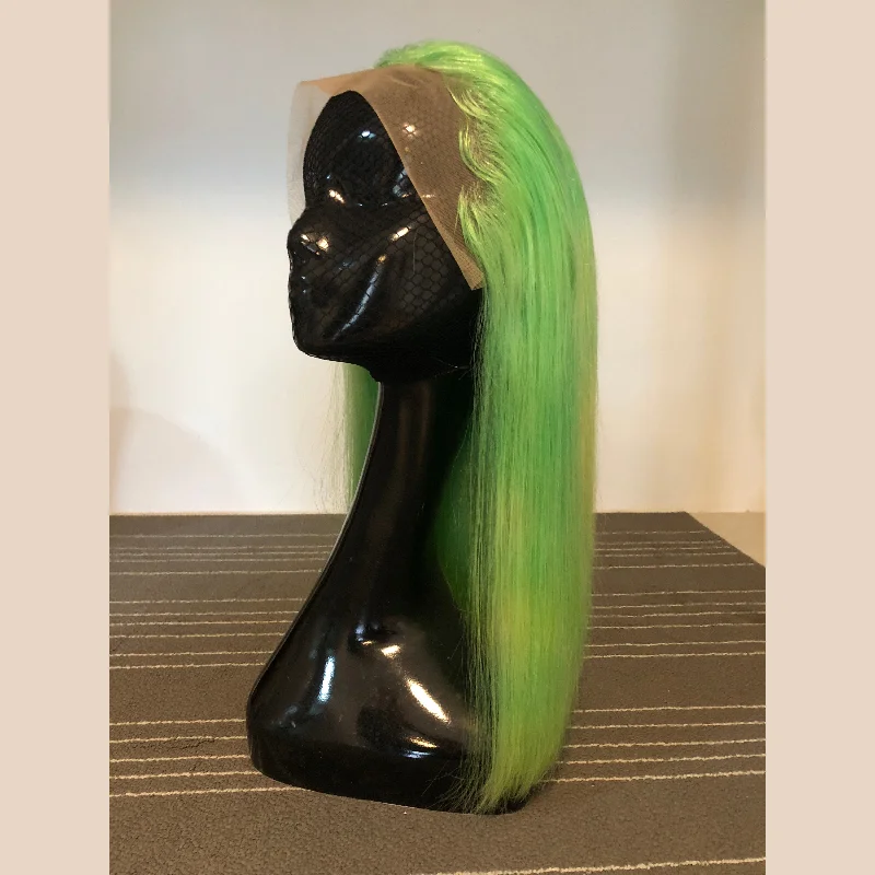 Medium - length wig with a side - swept bang for a sophisticated lookPeruvian Hair Light Green Color Straight Long Lace Front Wig