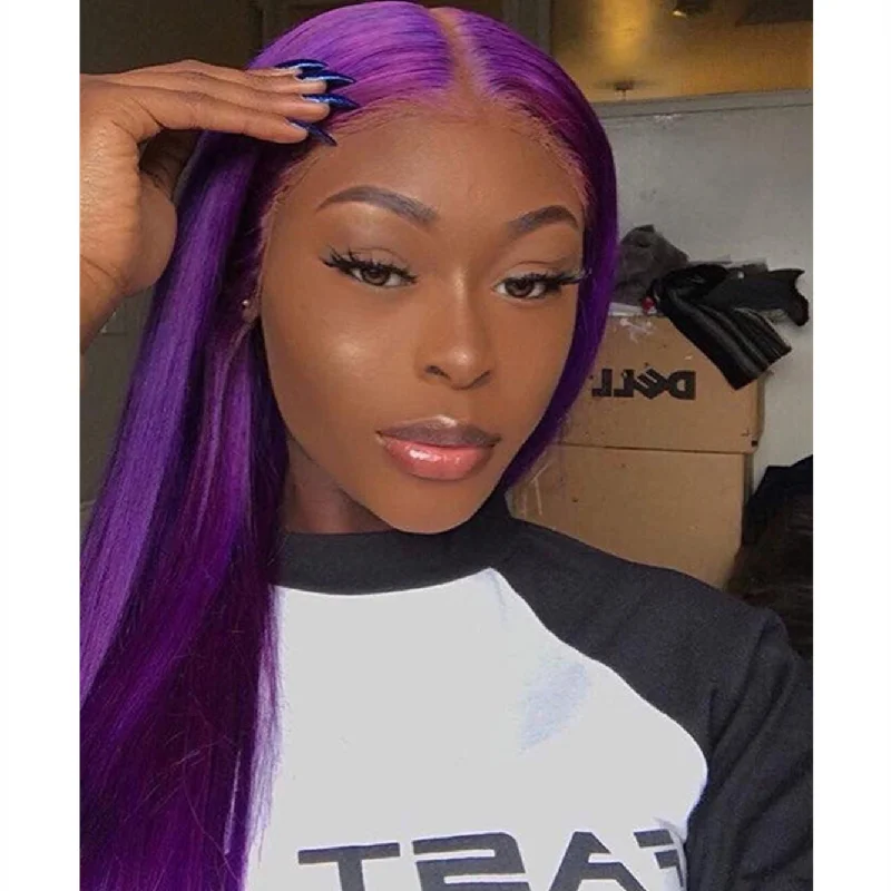 Medium - length wig with a middle - part for a classic and elegant stylePeruvian Hair Light Purple Color Straight Lace Front Wig