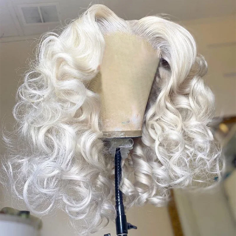 Medium - length wig with a straight texture for a sleek and modern lookPeruvian Hair Loose Wave White Silver Color Lace Front Wig