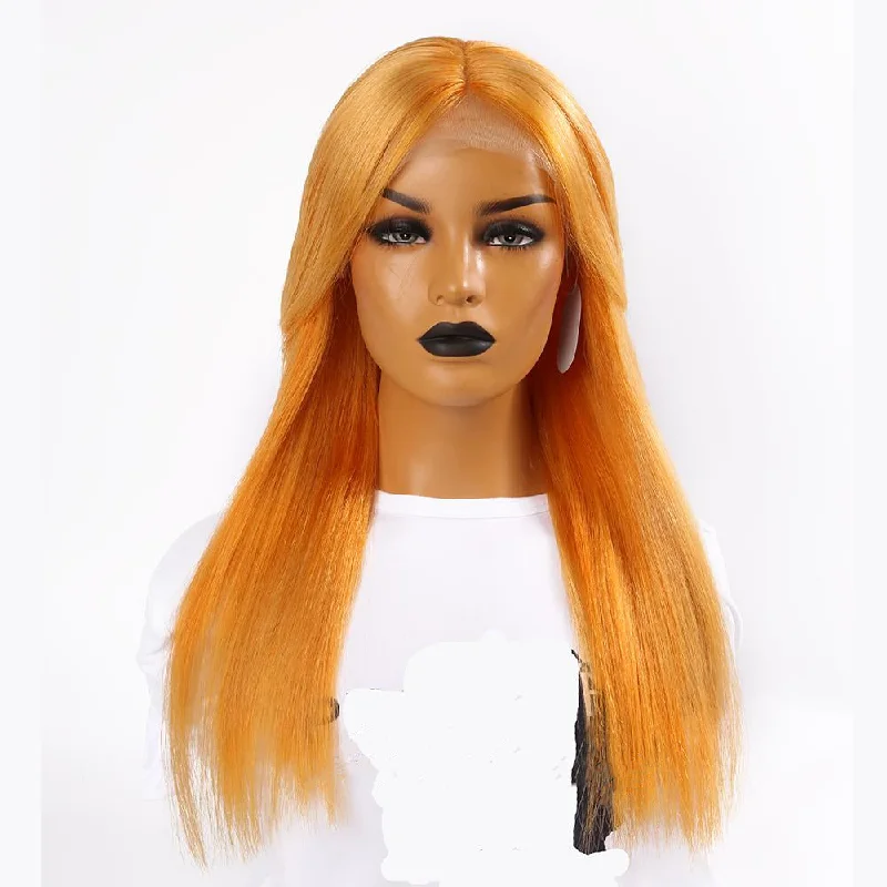 Medium - length wig with a straight texture for a sleek and modern lookPeruvian Hair Neon Orange Color Fashion Straight Long Hair Lace Front Wig