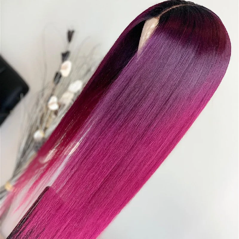 Medium - length wig with a silk - base cap for a comfortable and smooth feelPeruvian Hair Ombre Purple and Fuchsia Color Straight Long Lace Front Wig