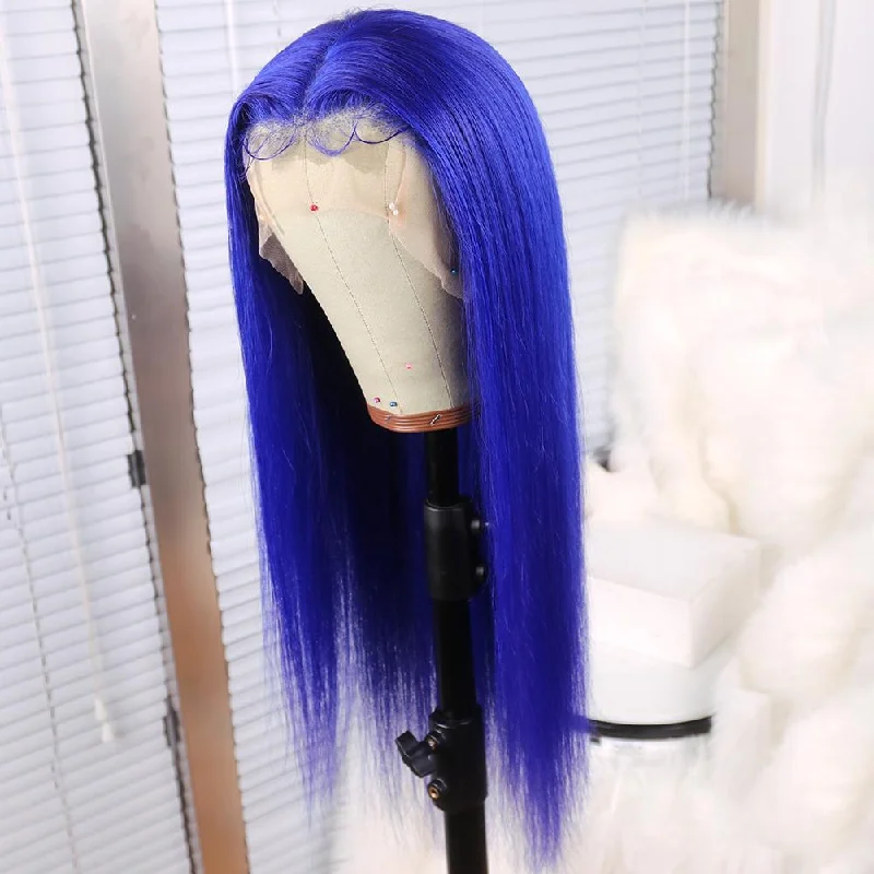 Human - hair medium - length wig for a natural and luxurious feelPeruvian Hair Royal Blue Color Straight Lace Front Wig