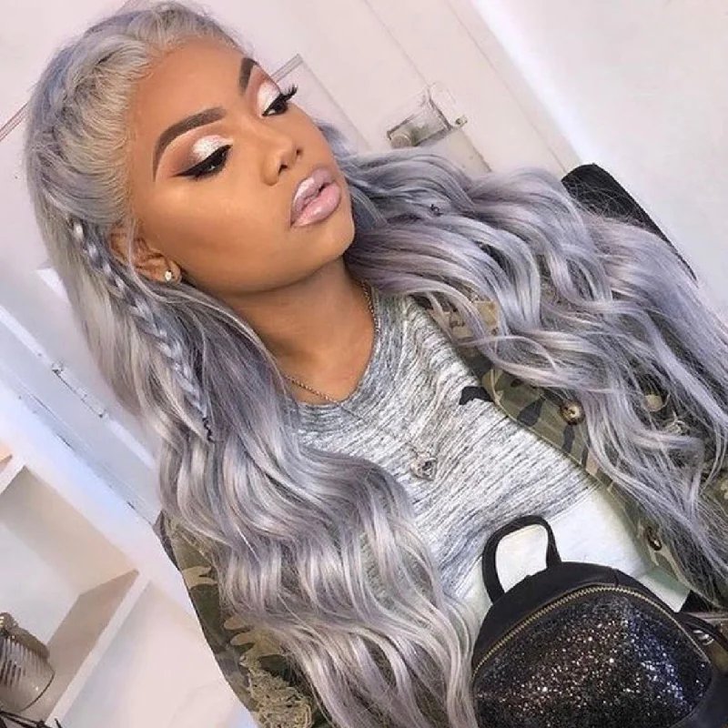 Medium - length wig in a jet - black color for a classic appearancePeruvian Hair Silver Color Body Wave Long Lace Front Wig