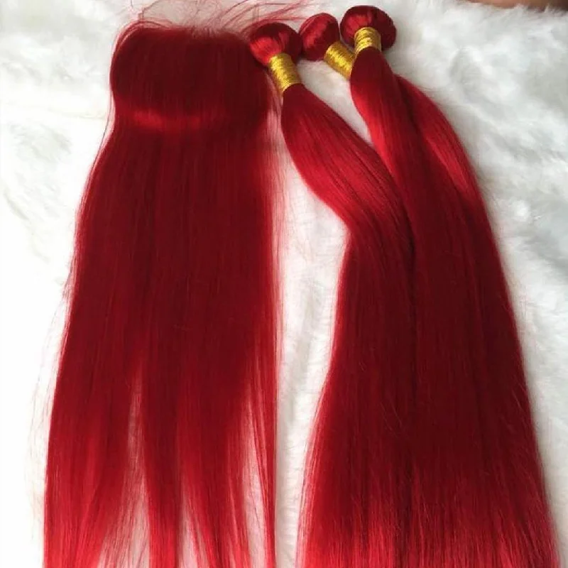 Medium - length wig with a wispy fringe for a soft and feminine lookPeruvian hair - Three hair weft with one Closure - Straight Red