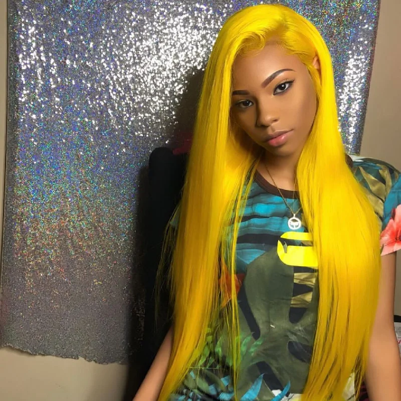 Medium - length wig with a side - swept bang for a sophisticated lookPeruvian Hair Yellow Color Straight Long Lace Front Wig