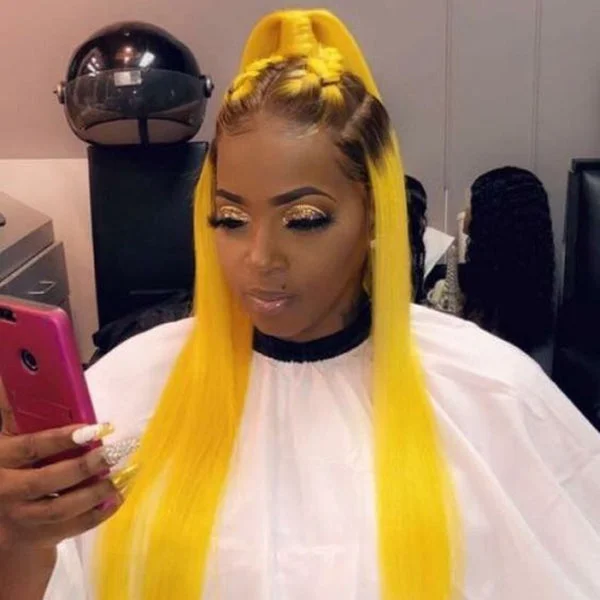 Medium - length wig with a silk - base cap for a comfortable and smooth feelPeruvian Hair Yellow With Brown Root Color Straight Lace Front Wig